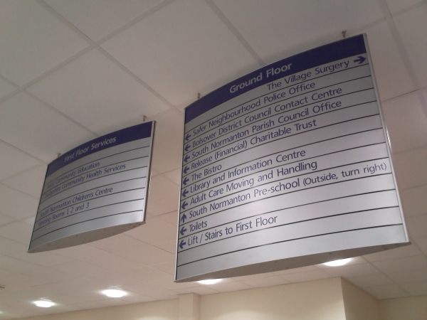 Hanging signs, suspended signs, ceiling signs, office signs